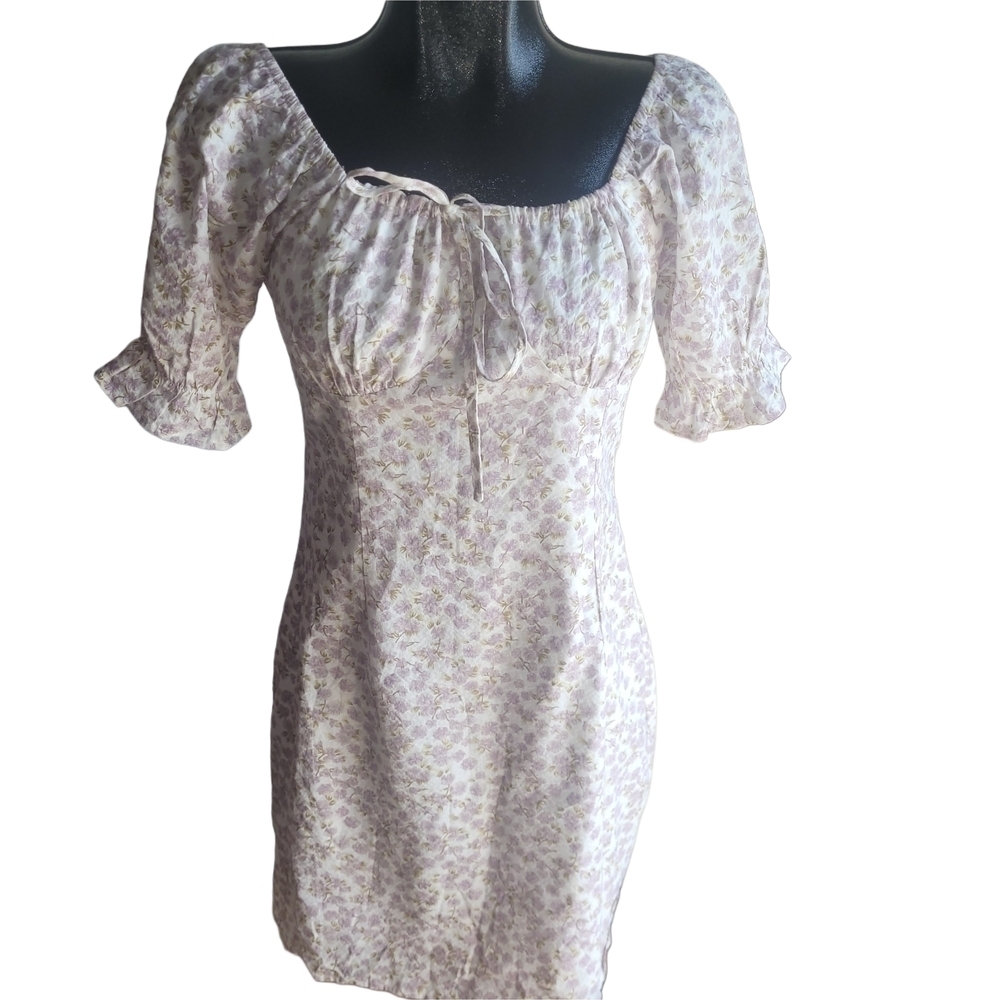 Dazy White Short Puff Sleeve Cotton Dress with Lilac Ditzy Floral Print Size L